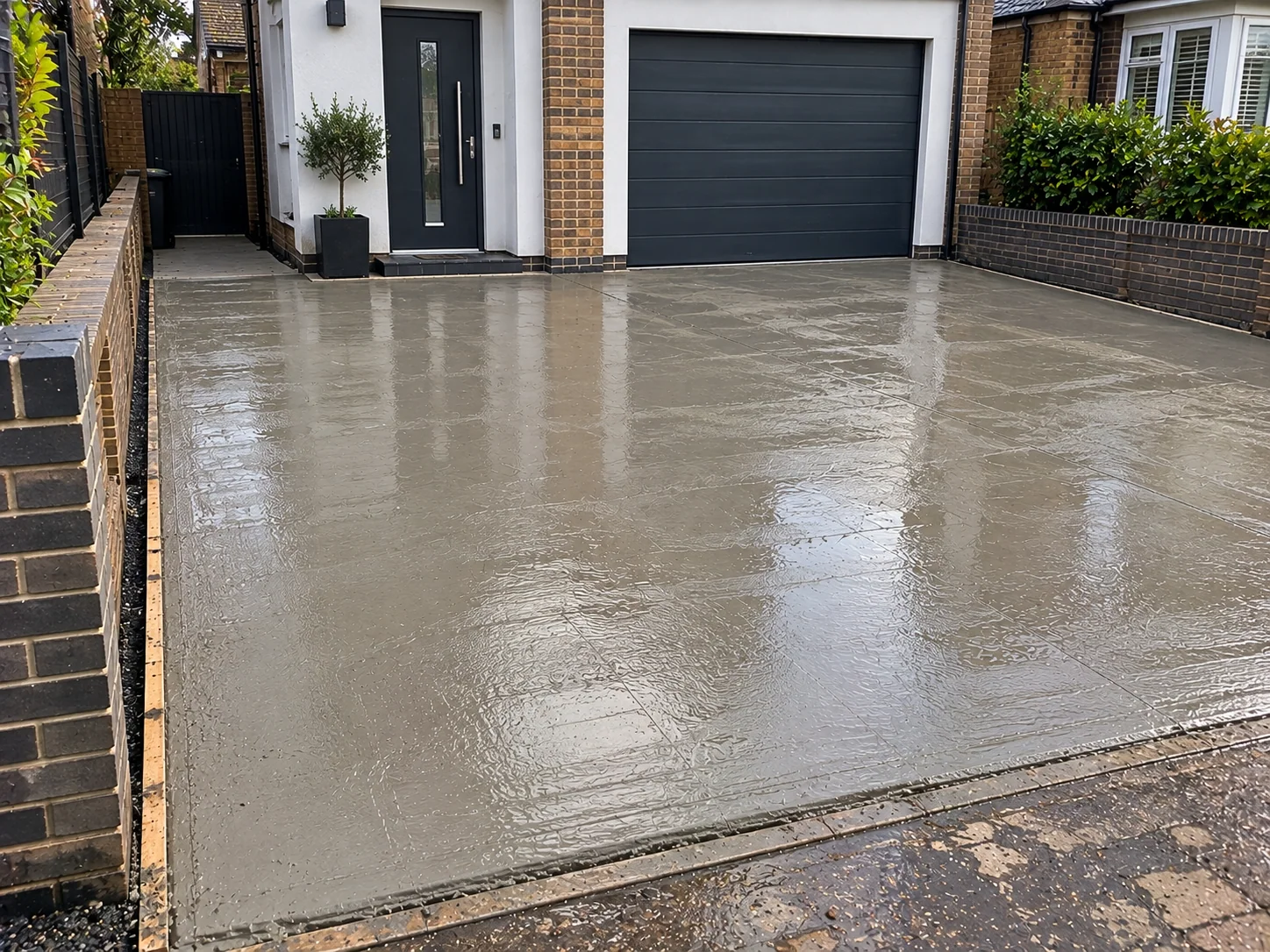 Freshly installed residential concrete driveway in Enfield