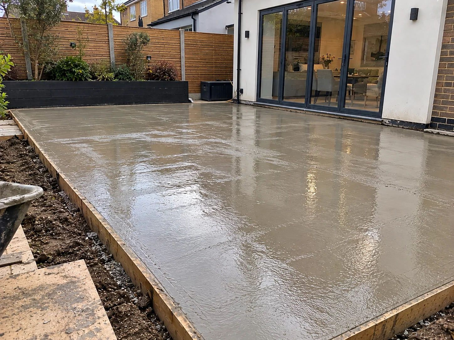 Freshly installed residential concrete patio in Enfield