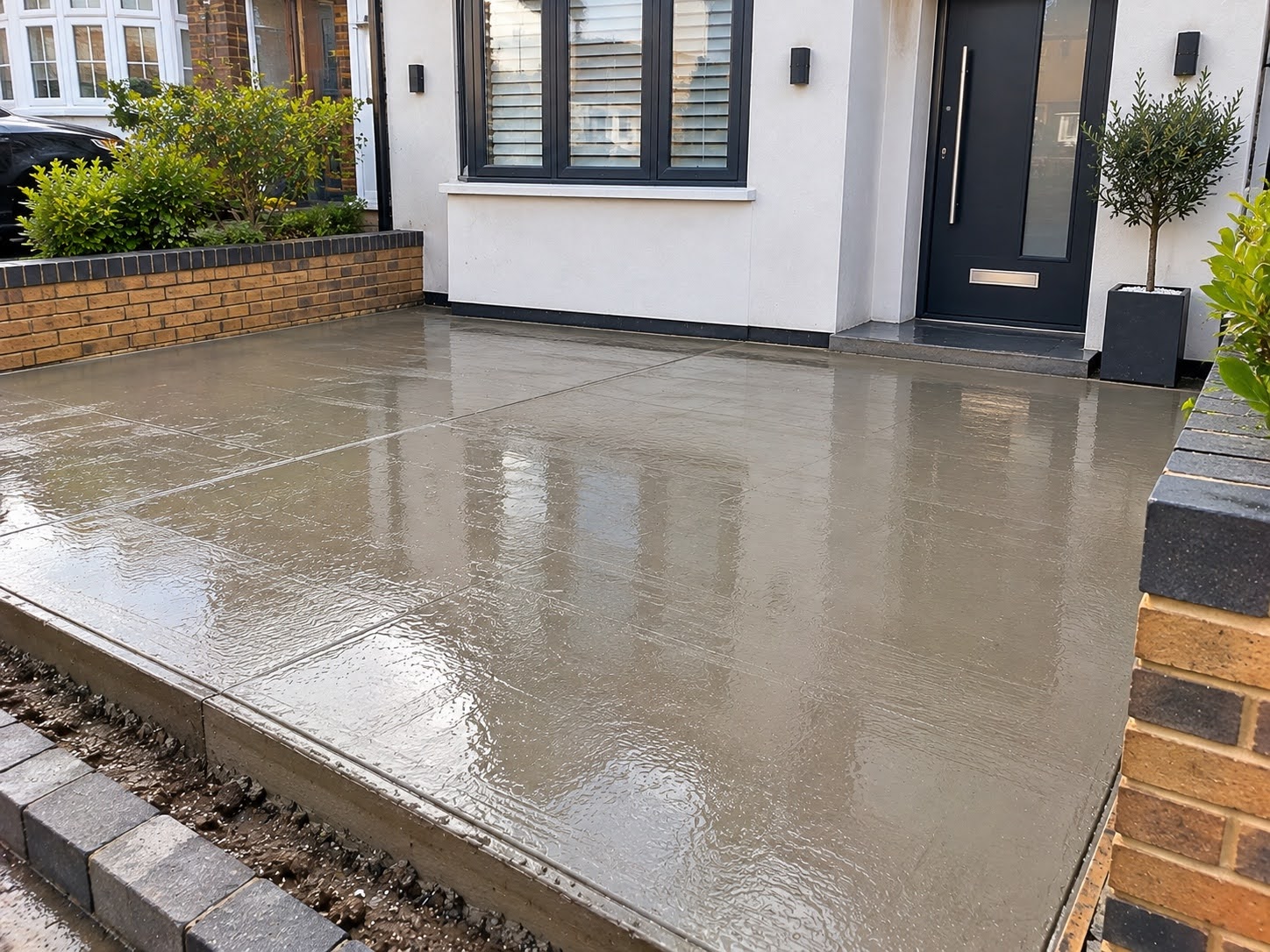 Residential concrete installation with prepared garden ground and concrete surface