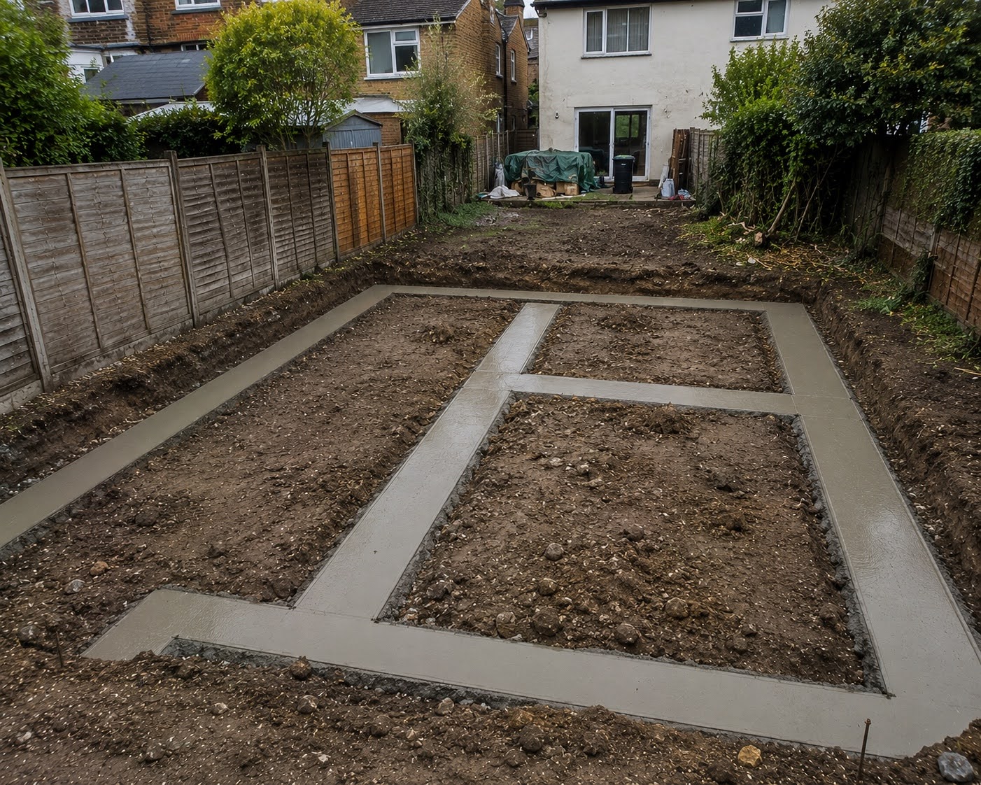 Strip foundation installation for a residential garden structure in Enfield